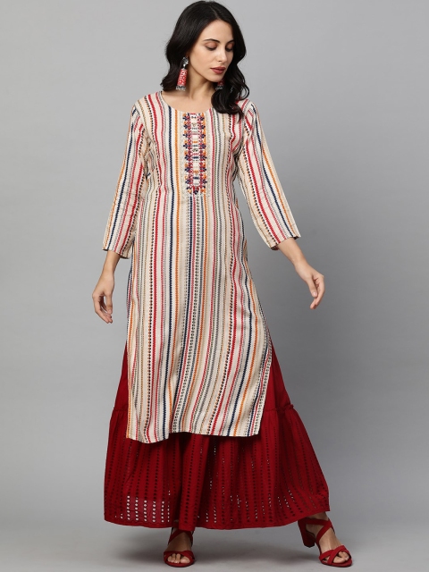 

FASHOR Women White Striped Cold-Shoulder Sleeves Gotta Patti Kurta