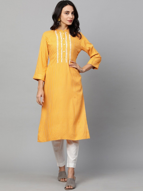 

FASHOR Women Mustard Yellow Striped Flared Sleeves Thread Work Kurta
