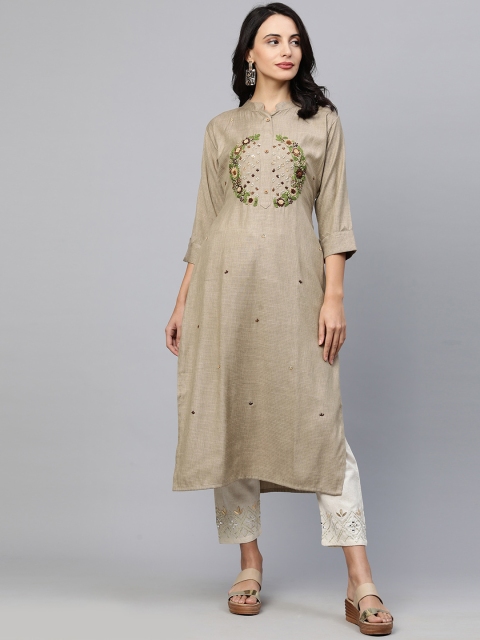 

FASHOR Women Beige & Green Ethnic Motifs Yoke Design Kurta