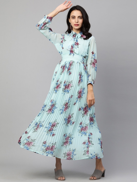 

FASHOR Blue Floral Tie-Up Neck Georgette Maxi Dress