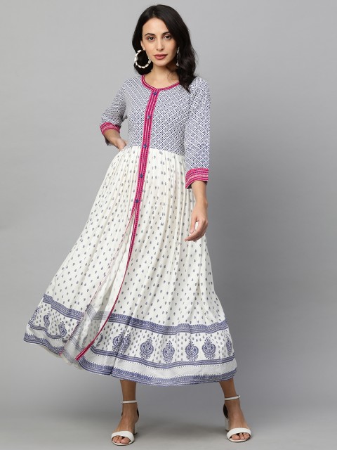 

FASHOR Women White & Blue Ethnic Motifs Printed Indie Prints Kurta