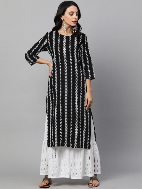 

FASHOR Women Black & White Ethnic Motifs Striped Thread Work Kurta