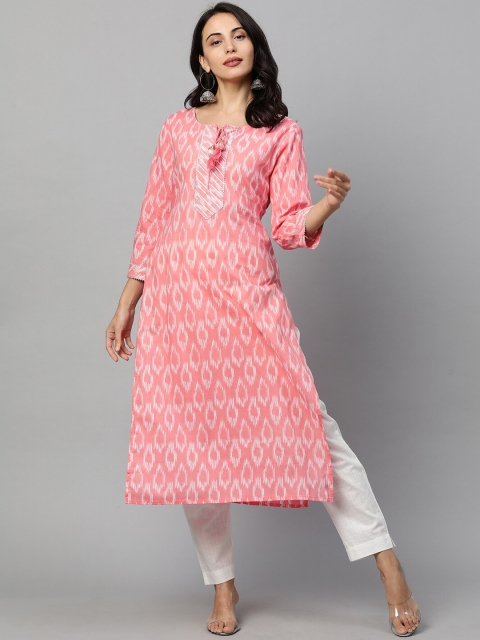 

FASHOR Women Pink & White Ikat Printed Cotton Kurta