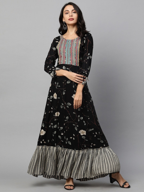 

FASHOR Black Floral Embroidered Ethnic Maxi Dress