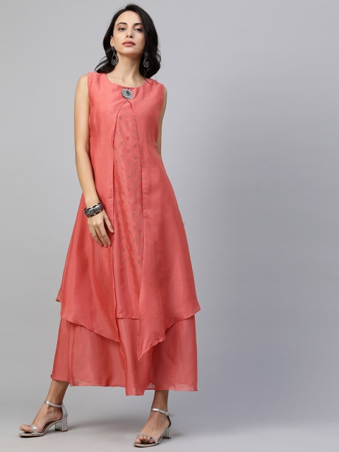 

FASHOR Women Peach-Coloured & Silver-Toned Embellished Layered Maxi Dress