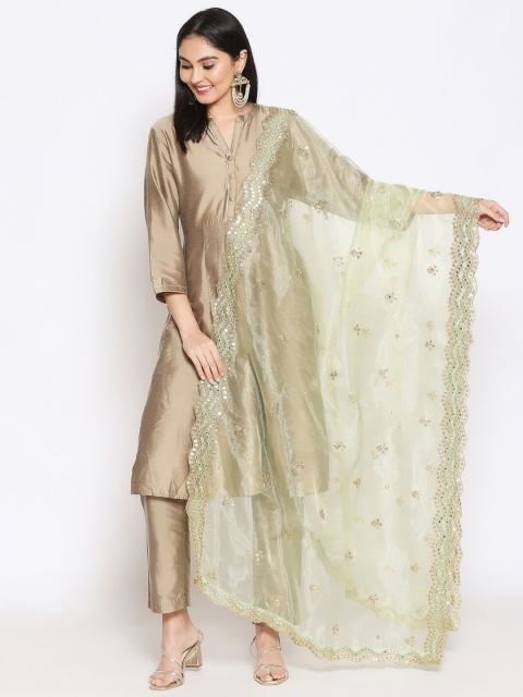 

Dupatta Bazaar Green & Gold-Toned Ethnic Motifs Embroidered Organza Dupatta with Sequinned