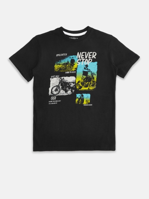 

Pantaloons Junior Boys Black & Blue Biker Printed Pure Cotton T-shirt