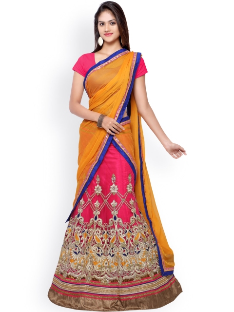 

Touch Trends Pink & Orange Embroidered Net Semi-Stitched Lehenga Choli with Dupatta