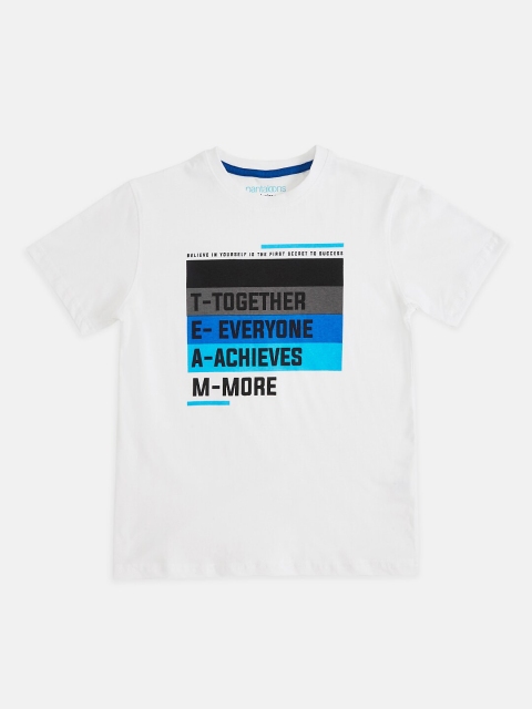 

Pantaloons Junior Boys White & Blue Typography Printed Pure Cotton T-shirt