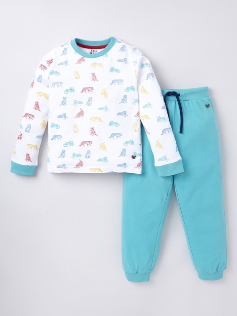 

Ed-a-Mamma Boys Off White & Blue Printed Pure Cotton Night suit