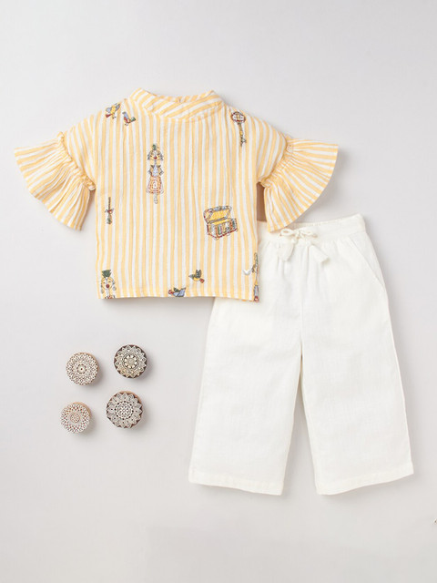 

Ed-a-Mamma Girls Yellow & White Embroidered Pure Cotton Top with Palazzos