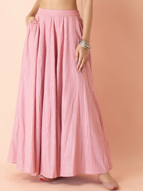 

Earthen BY INDYA Women Pink Striped Pure Cotton Flared Maxi Skirt