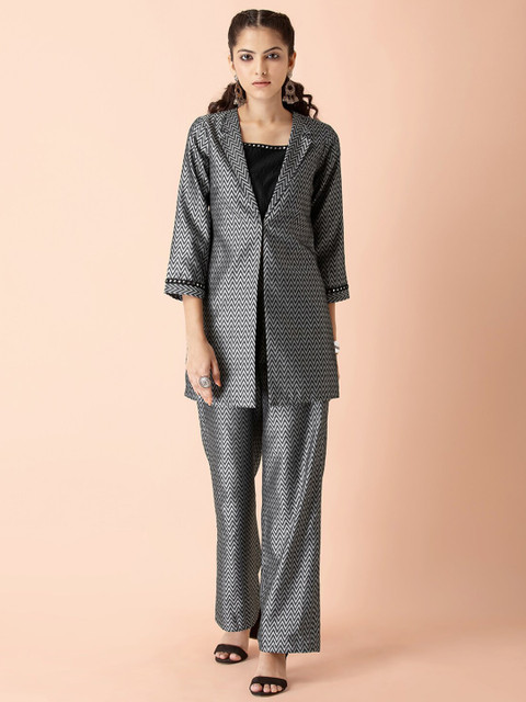 

Earthen BY INDYA Women Grey Embroidered Crop Top and Pants Set with Blazer