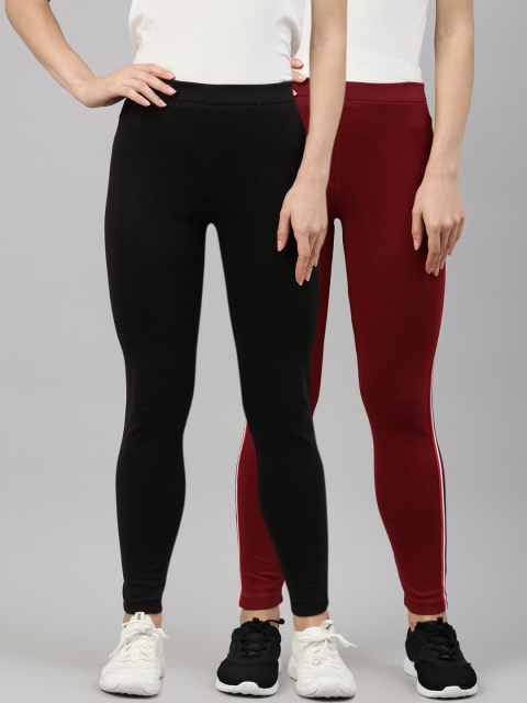 

GOLDSTROMS Pack of 2 Women Black & Maroon Solid Track Pants
