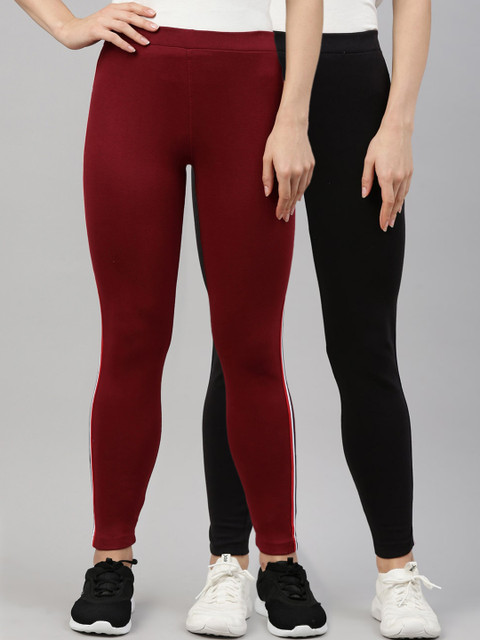 

GOLDSTROMS Pack of 2 Women Black & Maroon Solid Track Pants