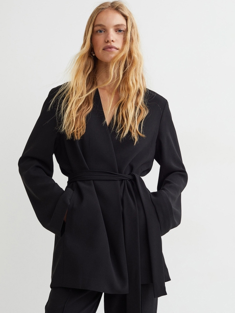 

H&M Women Black Tie-Belt Jacket