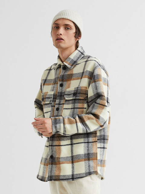 

H&M Men Yellow & Black Checked Relaxed Fit Overshirt
