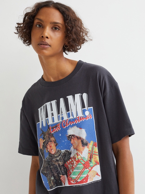 

H&M Women Grey & Multicoloured Oversized Printed T-shirt