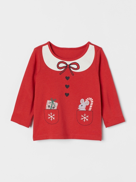 

H&M Girls Red & White Pure Cotton Printed Jersey Top