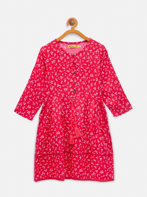 

NYNSH Girls Red Floral Pure Cotton A-Line Dress