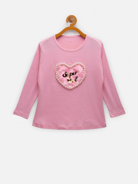 

NYNSH Girls Pink & White Embellished Pure Cotton T-shirt