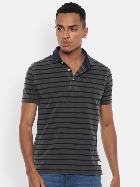 

VAN HEUSEN DENIM LABS Men Grey Striped Polo Collar Pure Cotton T-shirt