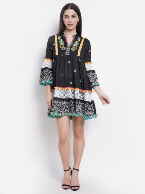 

IX IMPRESSION Black Embroidered Pom Pom A-Line Dress