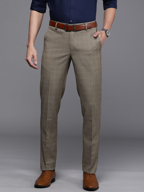 

Louis Philippe Men Beige Checked Slim Fit Formal Trousers