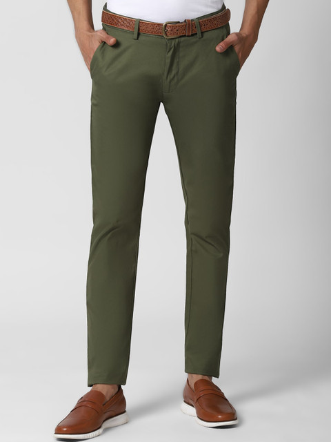 

Peter England Casuals Men Olive Green Solid Slim Fit Pure Cotton Trousers