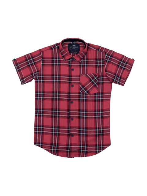 

LITTLE DINO Boys Red Modern Slim Fit Tartan Checks Opaque Checked Casual Shirt
