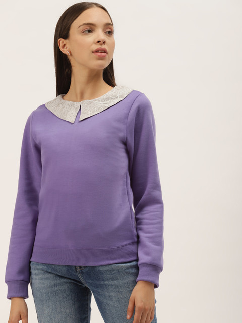 

Belle Fille Women Violet & Grey Solid Peter Pan Collar Sweatshirt