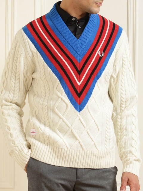 

Fred Perry Men Cream-Coloured & Red Self Design Woollen Pullover