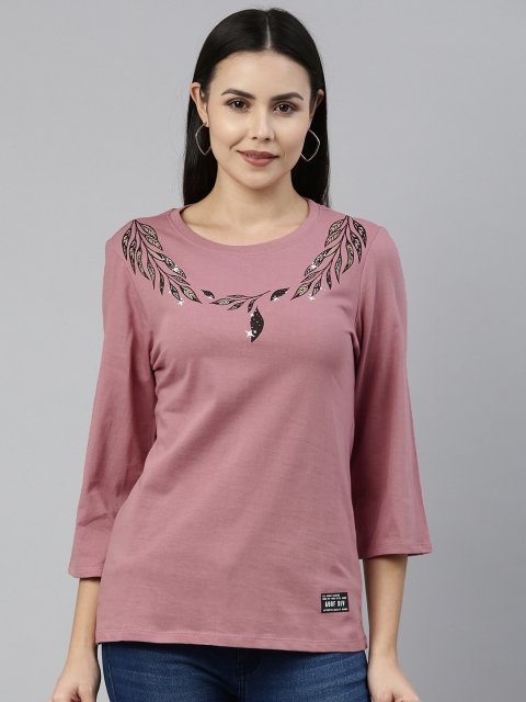 

abof Women Pink & Black Printed Pure Cotton T-shirt