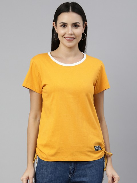 

abof Women Mustard Yellow Solid Pure Cotton Ruched Casual T-shirt