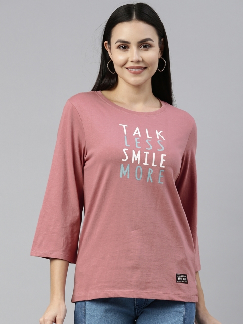 abof Women Pink Typography Printed Round-Neck Pure Cotton T-shirt