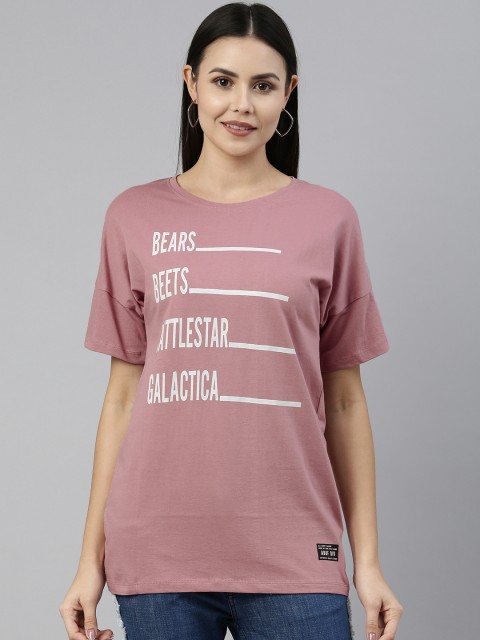 

abof Women Pink & White Printed Extended Sleeves Pure Cotton T-shirt