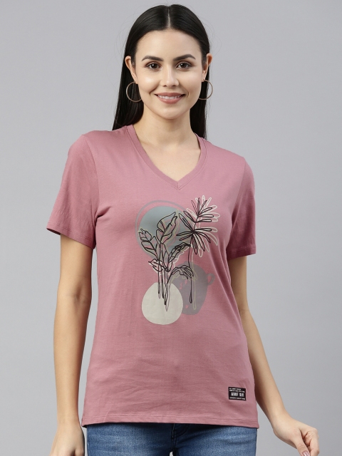 

abof Women Pink & Black Printed V-Neck Pure Cotton T-shirt