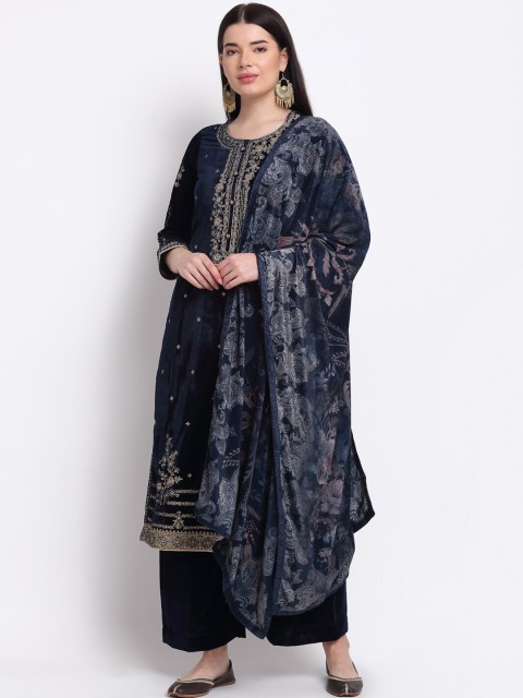 

Stylee LIFESTYLE Women Navy Blue Velvet Embroidered Unstitched Dress Material
