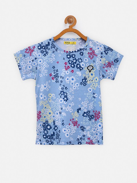 

NYNSH Girls Blue Floral Printed Pockets T-shirt
