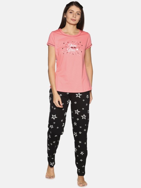 

Charak Women Pink & Black Printed Pure Cotton Night suit
