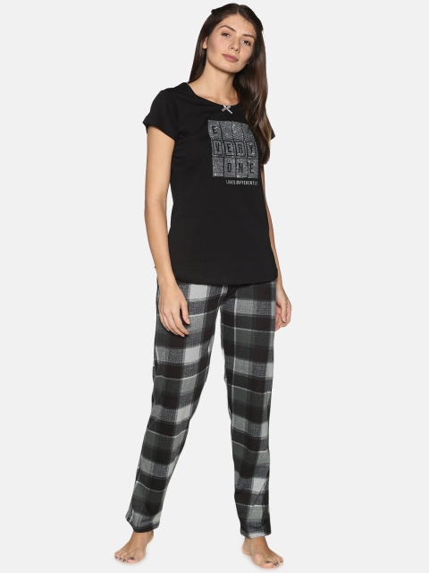 

Charak Women Black & Grey Cotton Printed T-Shirt & Checked Pajama Night Suits