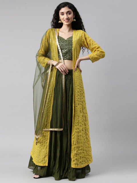 

Neerus Women Green & Yellow Embellished Layered Top with Skirt & With Dupatta