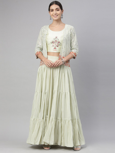 

Neerus Women Green Embellished Top with Skirt & Shrug