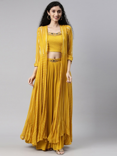 

Neerus Women Mustard & Gold-Toned Embellished Top & Palazzos With Shrug