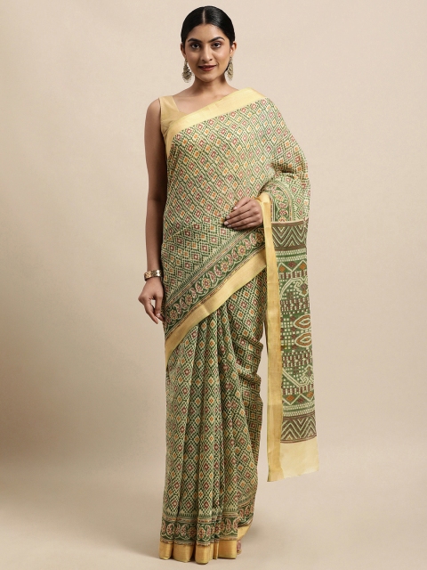 

KALINI Green & Beige Ethnic Motifs Zari Gadwal Saree