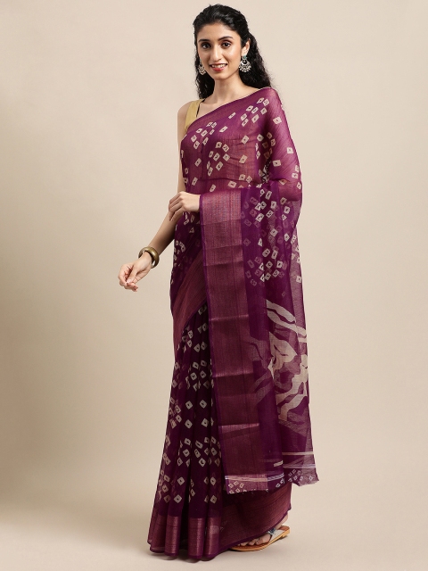 

KALINI Purple Bandhani Zari Jute Cotton Bandhani Saree