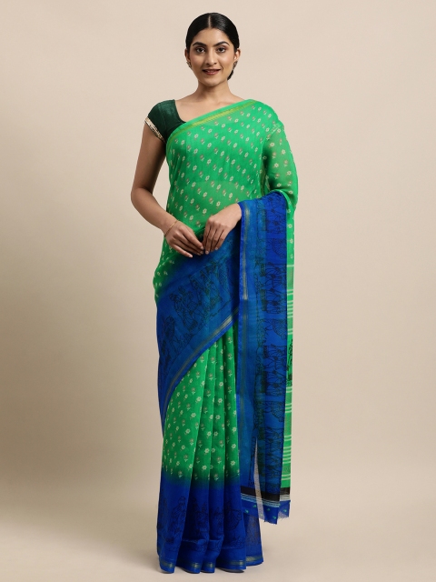 

KALINI Green & Blue Floral Jute Cotton Arani Saree