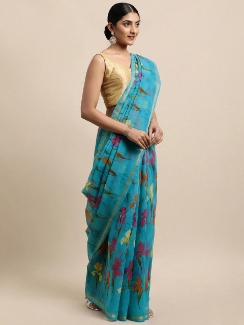 

KALINI Blue Floral Zari Jute Cotton Uppada Saree