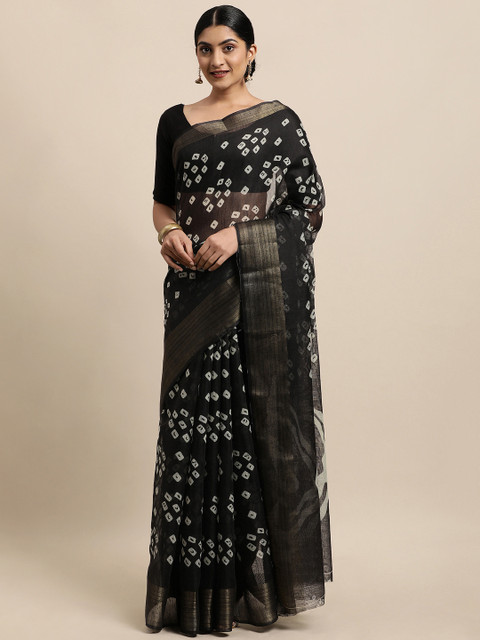 

KALINI Black Bandhani Zari Jute Cotton Bandhani Saree