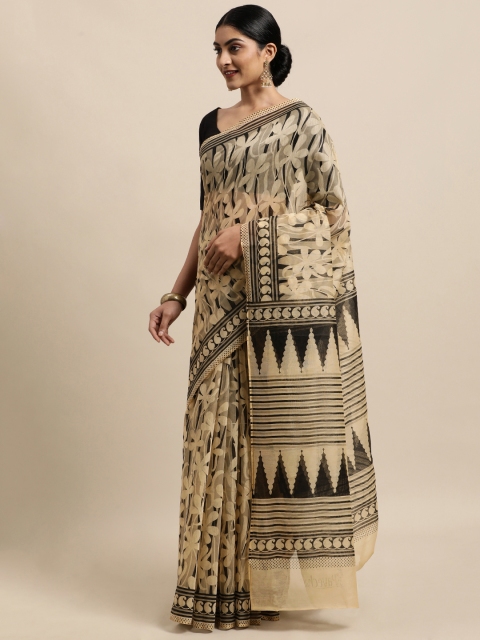 

KALINI Beige & Black Floral Chanderi Saree